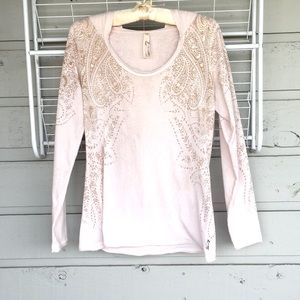 7 FOR ALL MANKIND LONG SLEEVE HOODIE SHIRT SOFT GOLD GRAPHIC DESIGN SOFT BLUSH